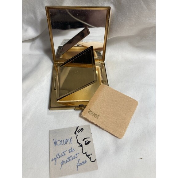 Vintage Volupte Compact For Pressed Powder w/ Info Card & Puff  Brass 1950s - Picture 1 of 14
